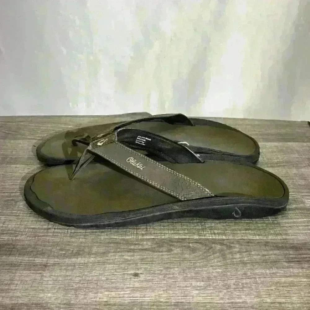 OluKai Ohana Men's Beach Sandals - Black/ Green‎ Size 14